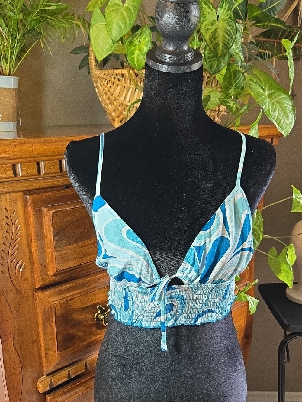 NWT Garage Blue Printed Smocked Crop Top with Tie Front